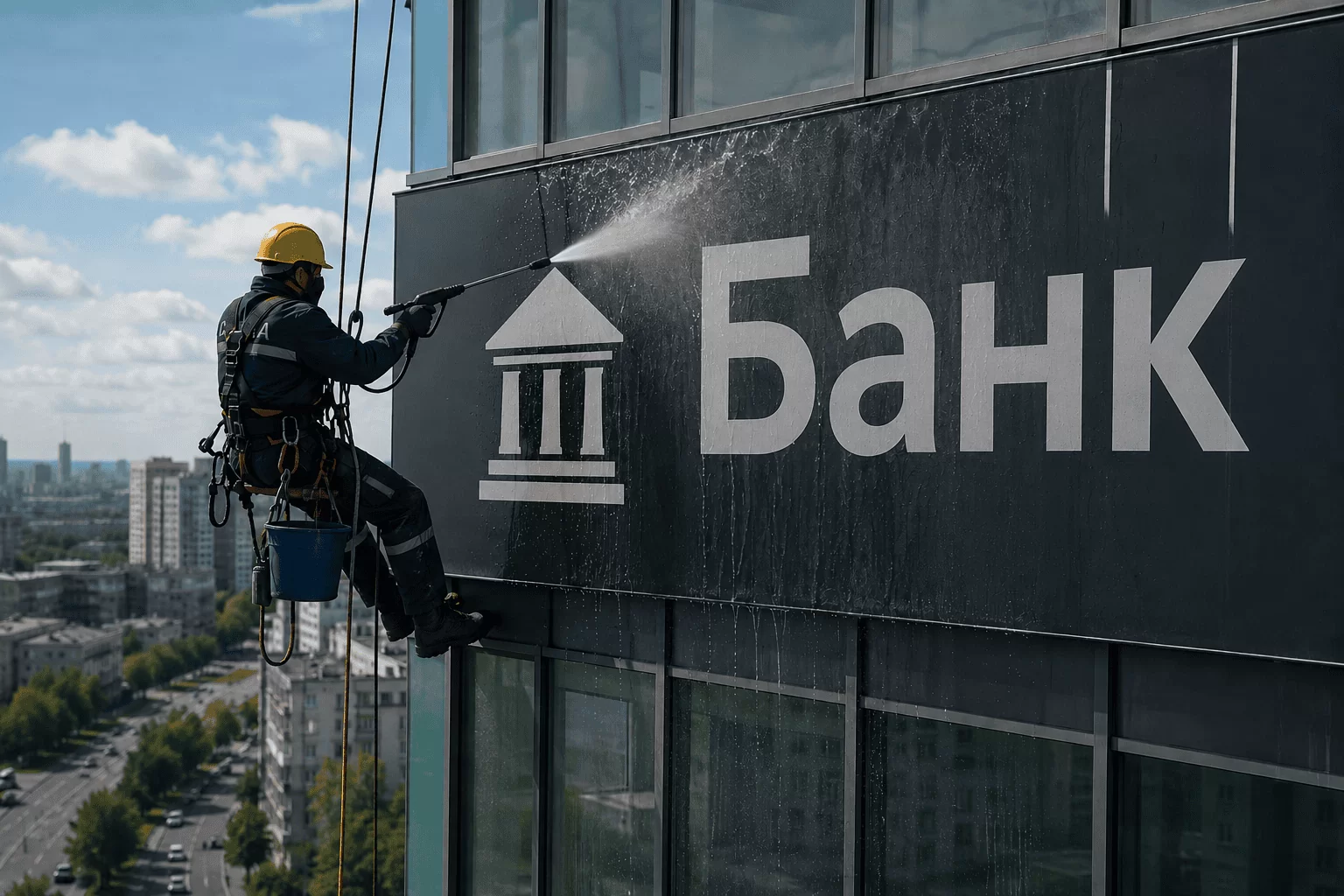 Как проводят мойку вывесок и баннеров на высоте